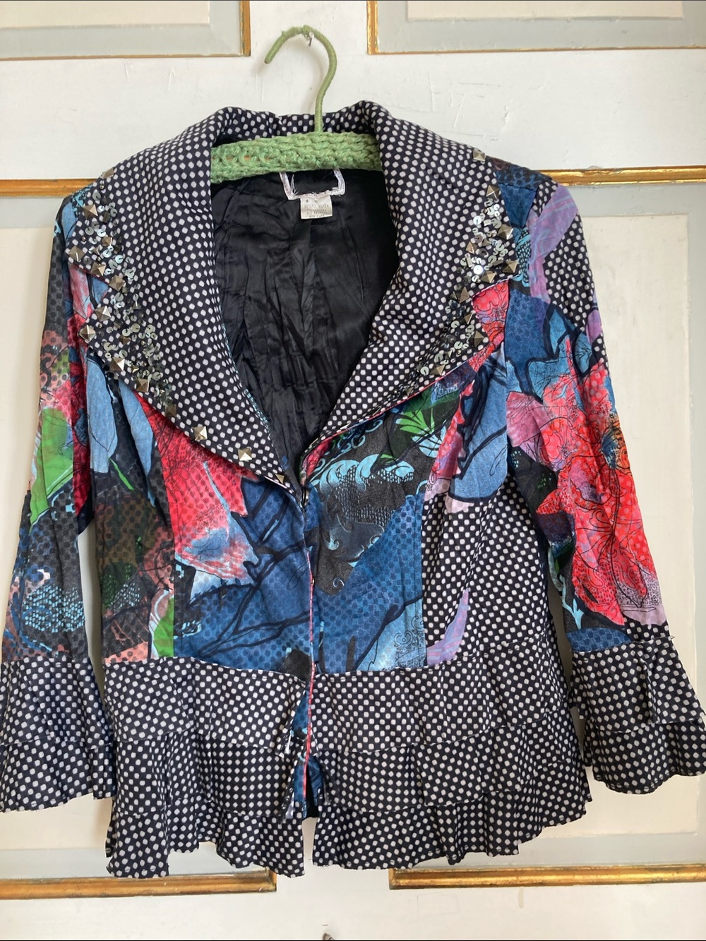 Women's Multicolor Patchwork Blazer with Polka Dot Trim